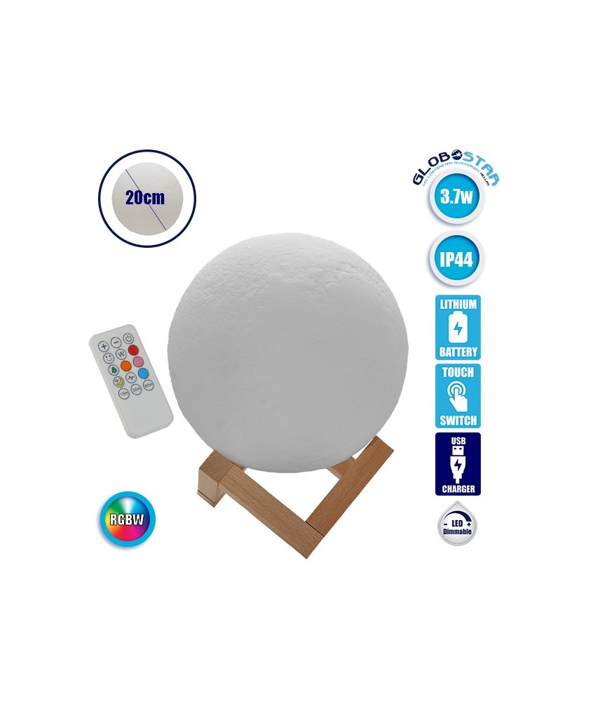 Επαναφορτιζόμενο Διακοσμητικό Ανάγλυφο Φωτιστικό Αφής 3D Moon 20cm RGBW Ντιμαριζόμενο με Ασύρματο Χειριστήριο GloboStar 07030